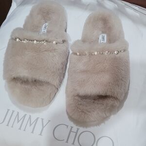 Jimmy Choo Cream Fur Slippers With Pearl Accents "acinda"